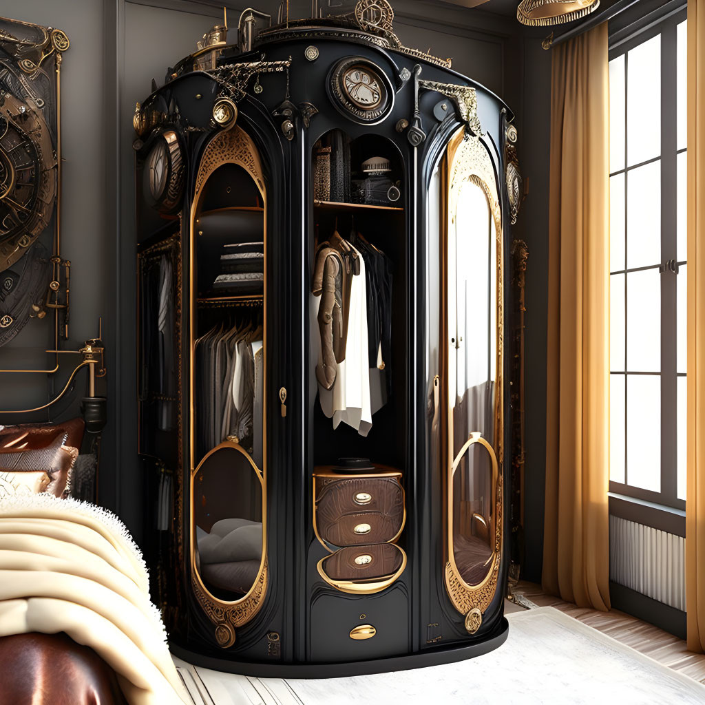 Steampunk-inspired wardrobe with brass detailing in elegant room