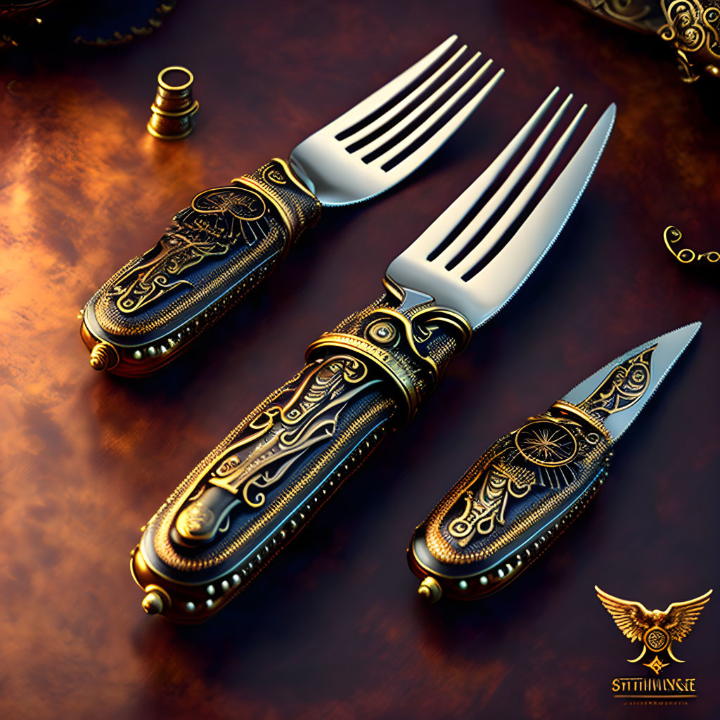 Elegant Gold and Black Cutlery Set with Intricate Designs