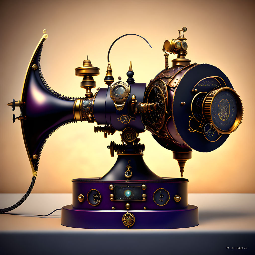 Steampunk-inspired device with horn speaker, brass fittings, gears, clock face, and vintage-style