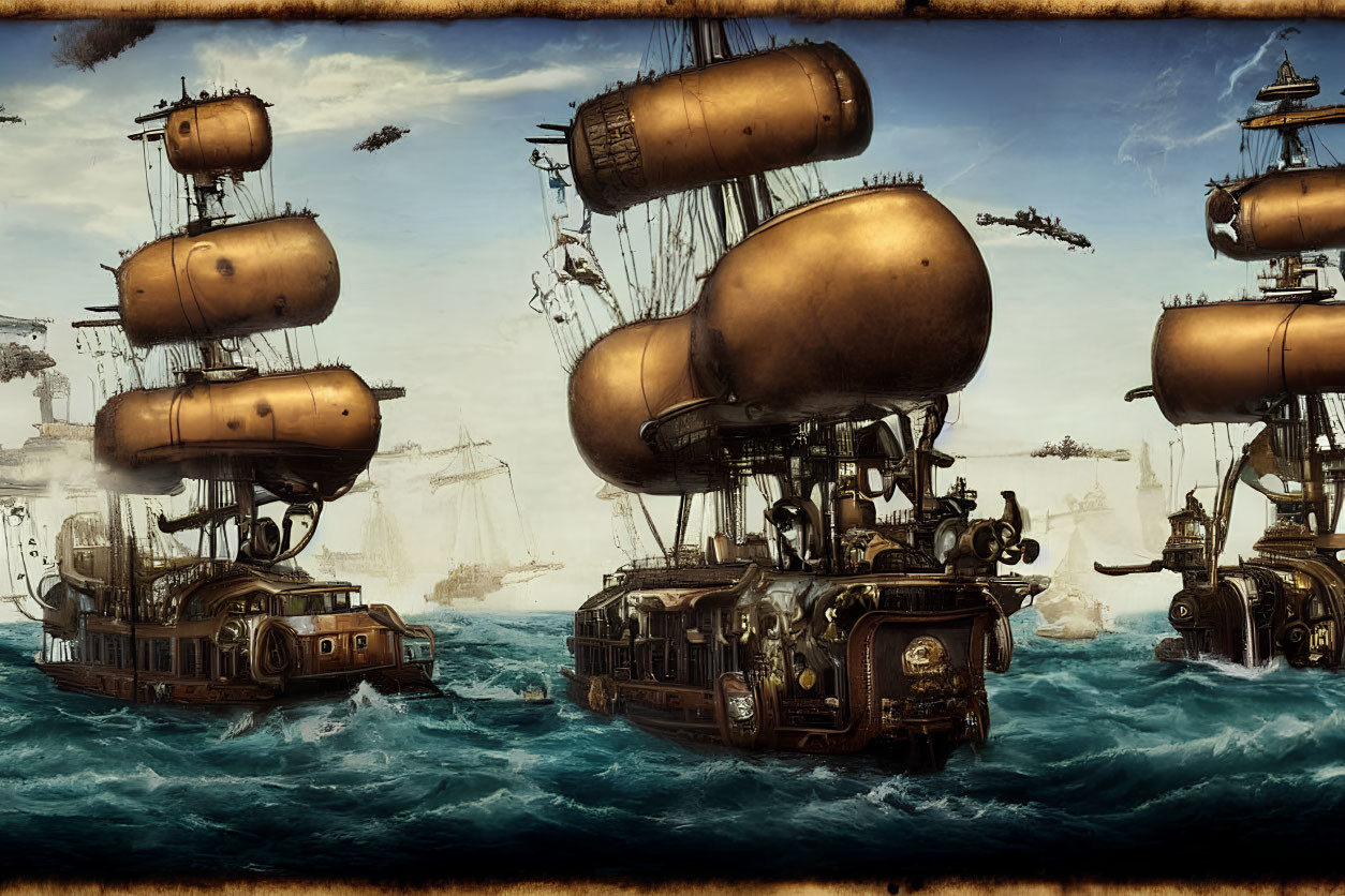 Steampunk airships with propellers and balloons over turbulent seas