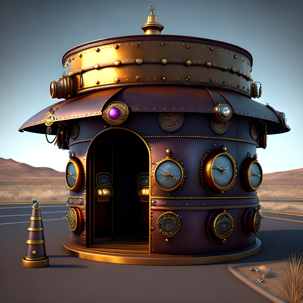 Circular Steampunk Building with Metallic Textures in Desert Sunset