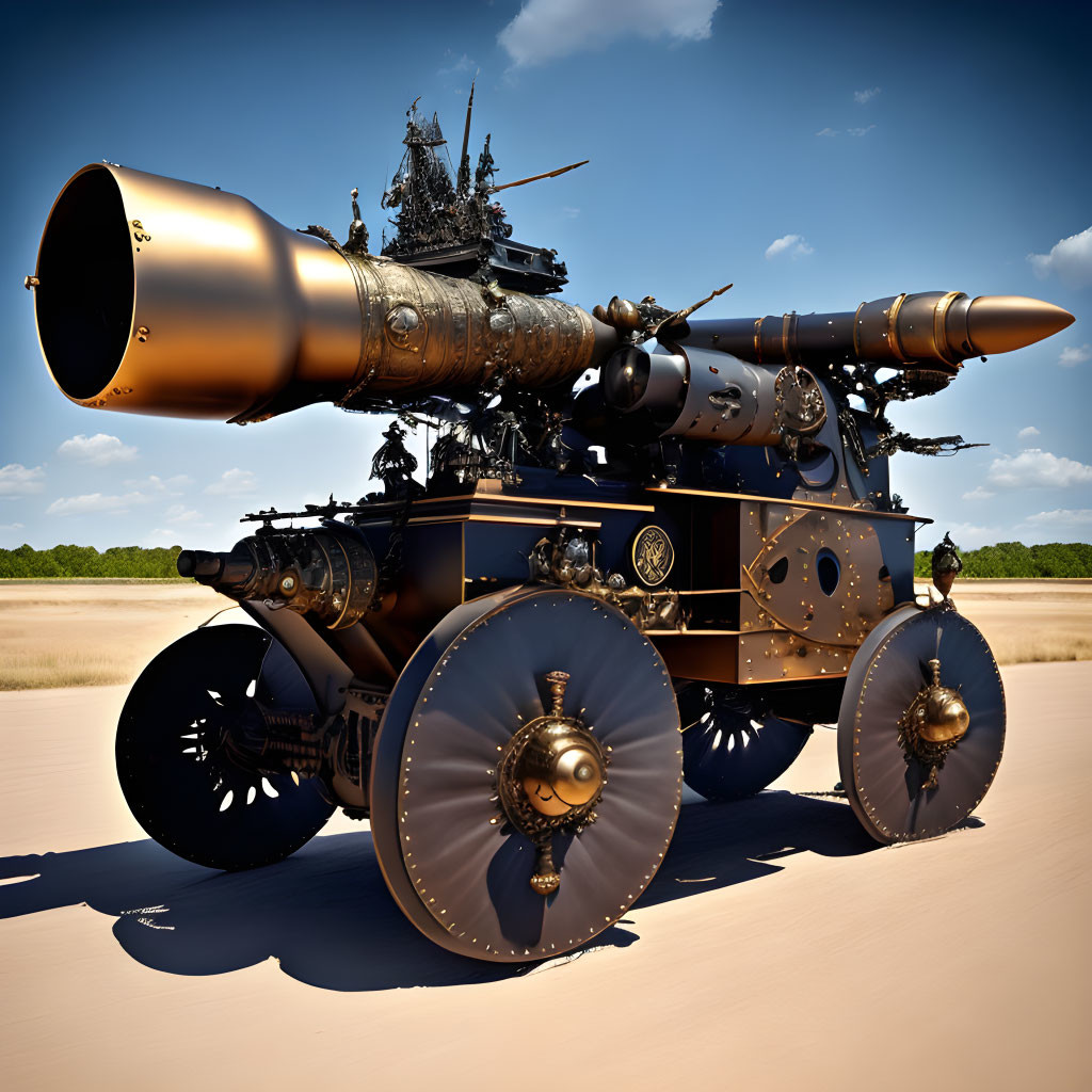 Steampunk-style locomotive with ornate decorations in desert landscape