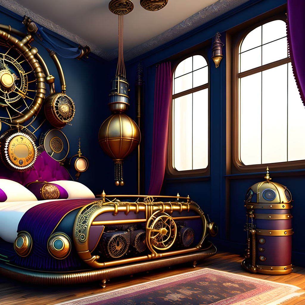 Steampunk-themed Bedroom with Brass Gears and Robot Butler