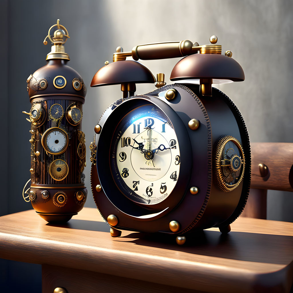 Steampunk-inspired brass alarm clock and cylindrical companion on wooden table