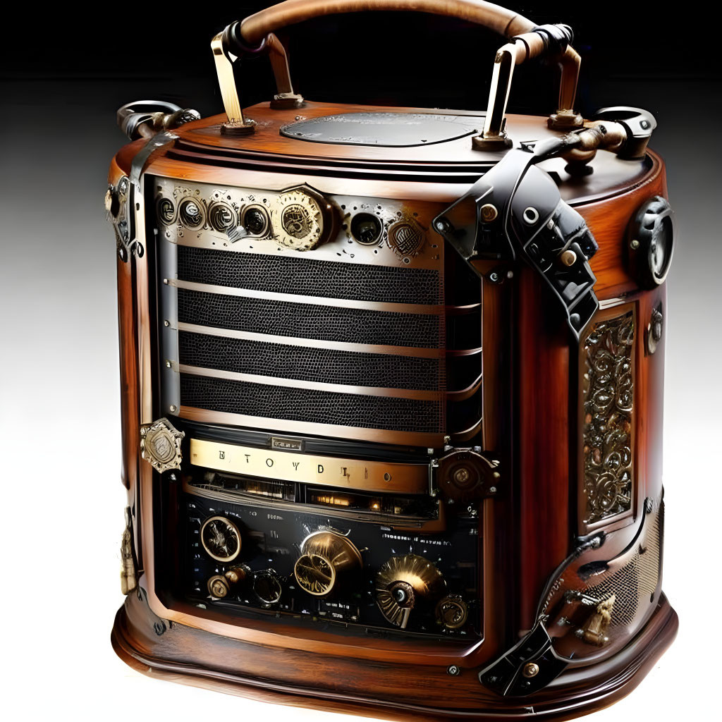 Steampunk radio with brass accents and wooden casing