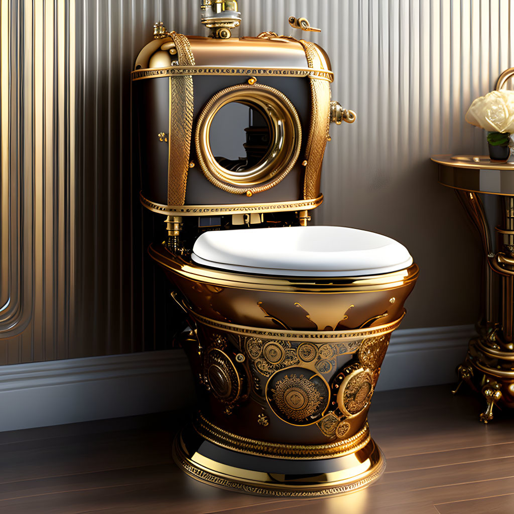 Vintage-Style Golden Toilet with Intricate Patterns on Striped Wall