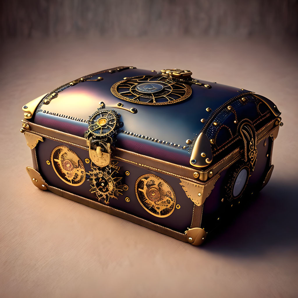 Steampunk-inspired chest with gold detailing on polished surface