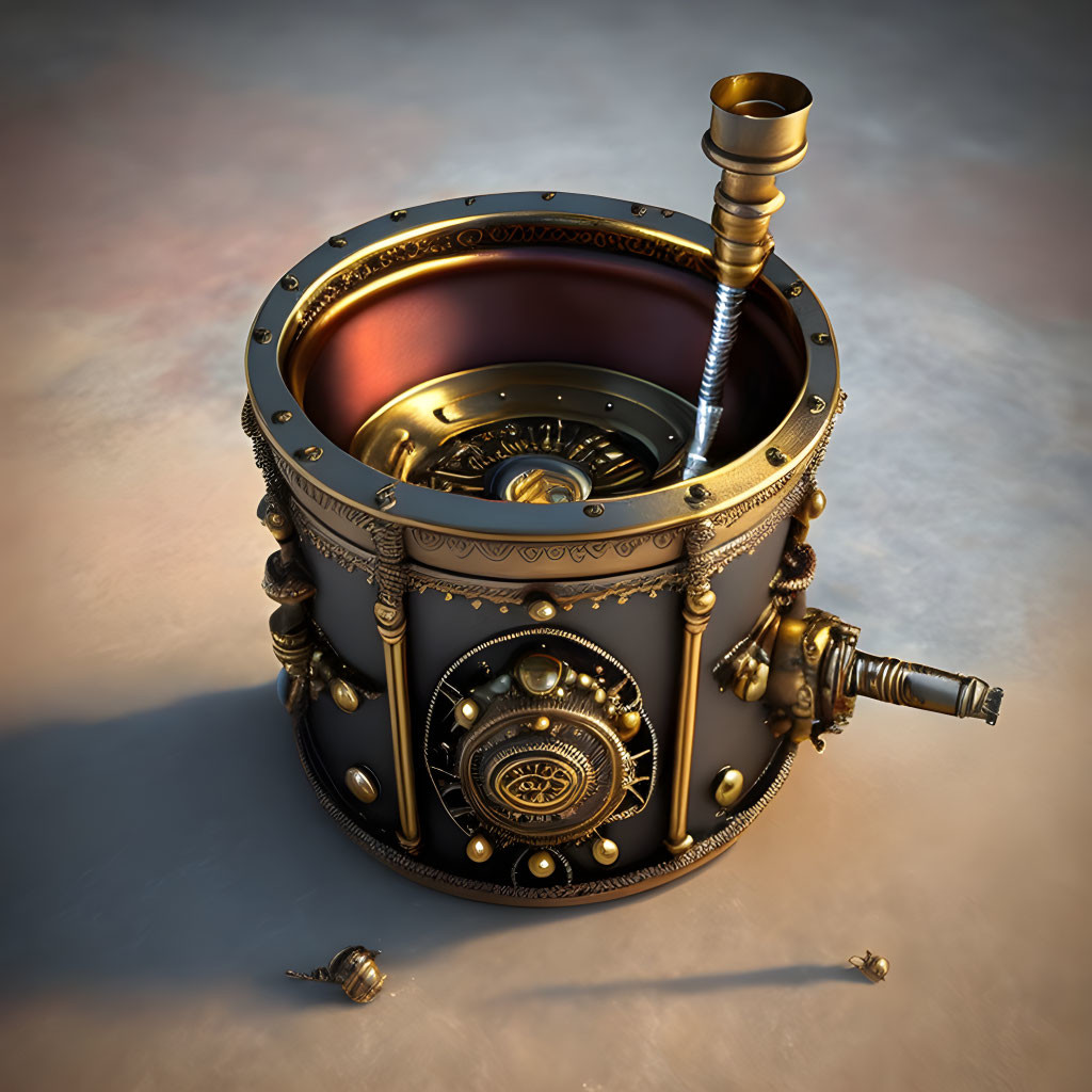 Steampunk-style coffee cup with metal details and gauge on surface