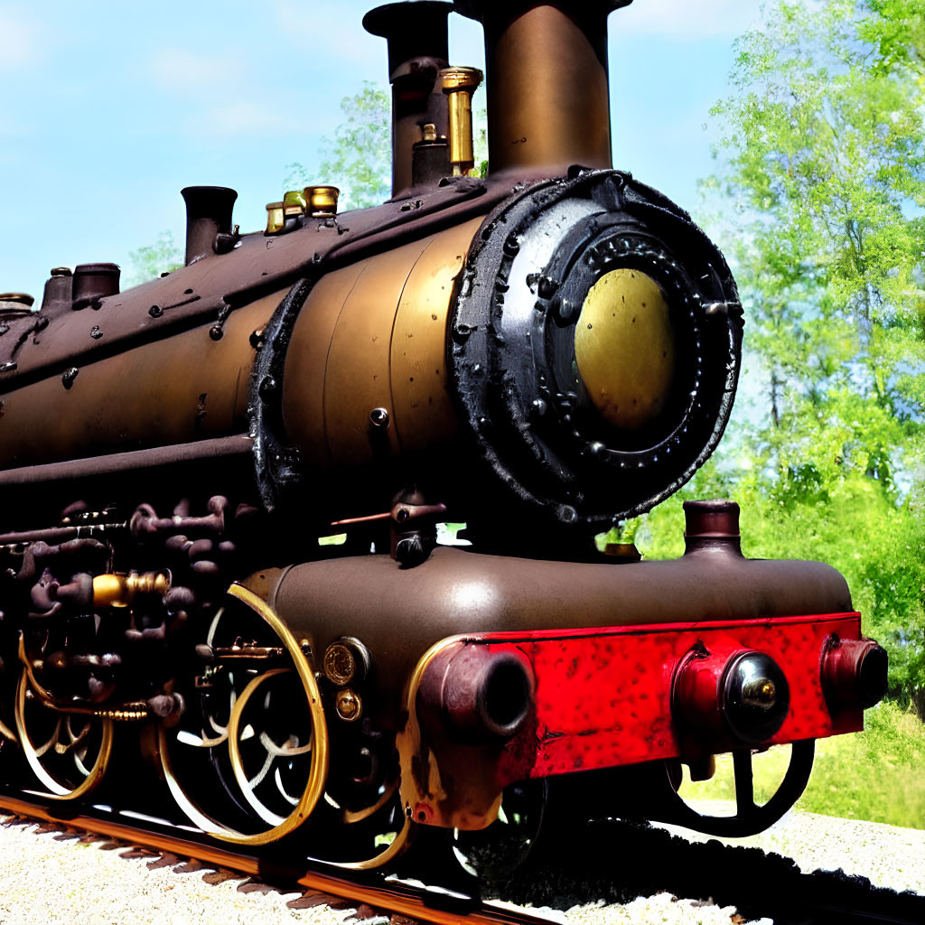 Vintage steam locomotive with black boiler, gold trim, and red cowcatcher on tracks in nature