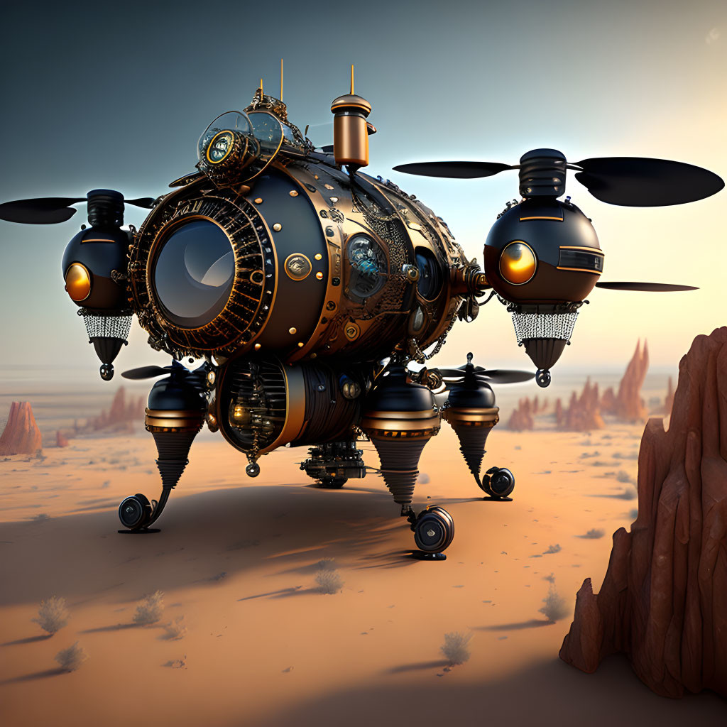 Steampunk-style airship with spherical compartments and propellers above desert rock formations