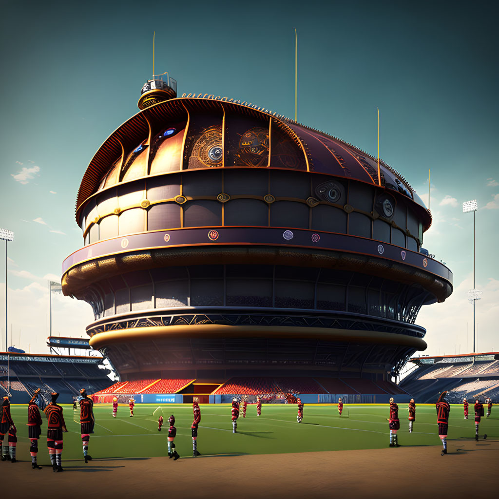 Spherical futuristic multi-level stadium with intricate details and red team on field