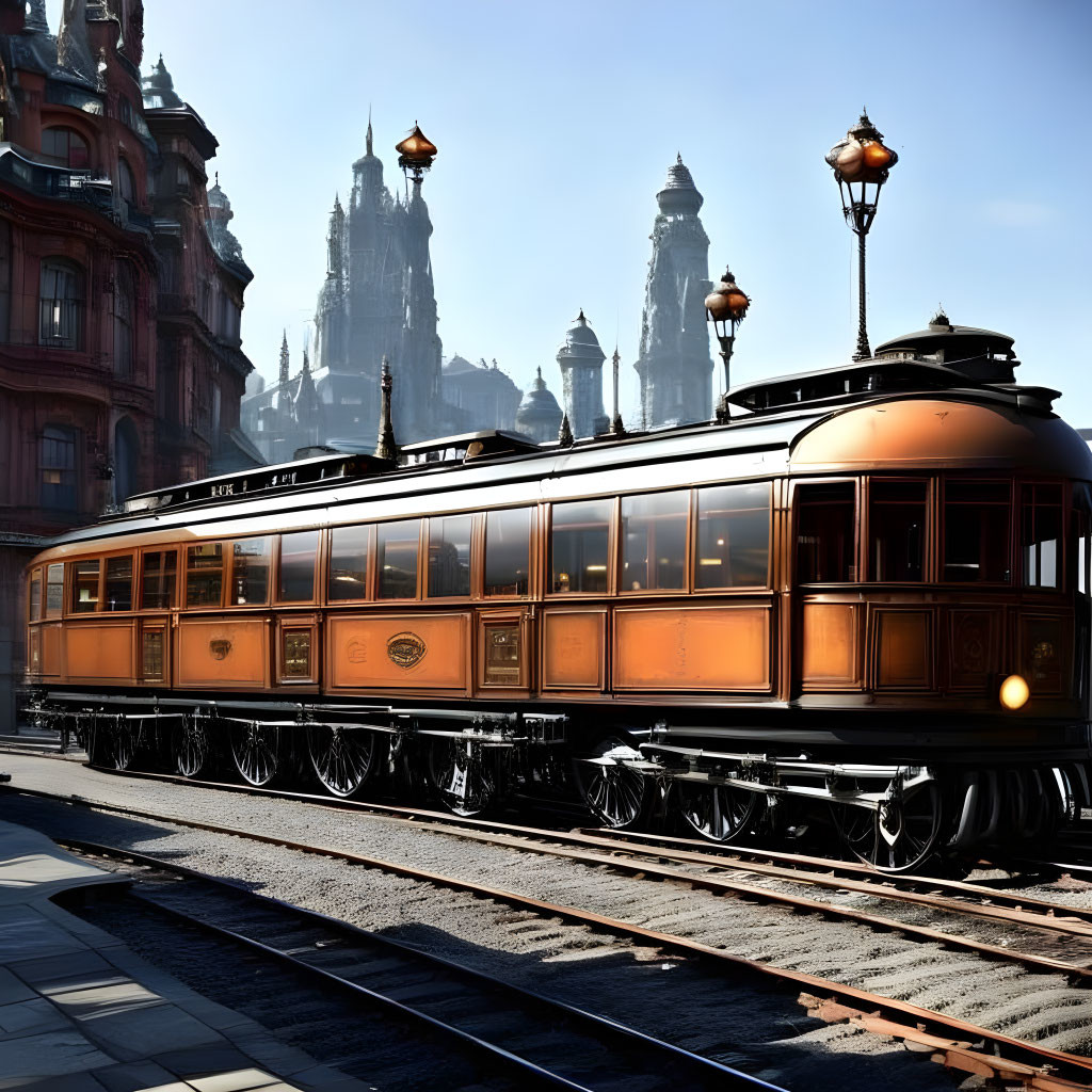 Vintage Train with Polished Wooden Carriages at Station