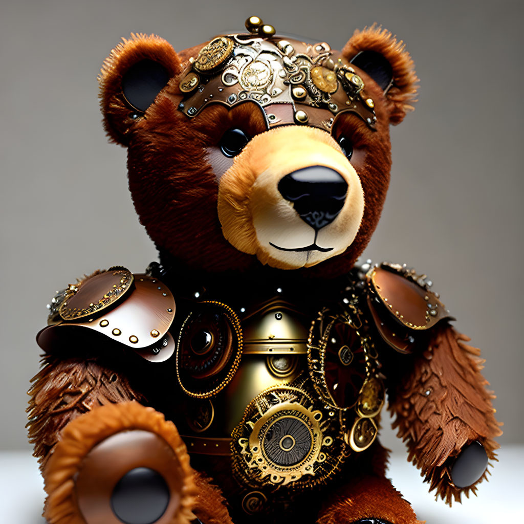 Steampunk-style Teddy Bear with Brass Details on Neutral Background