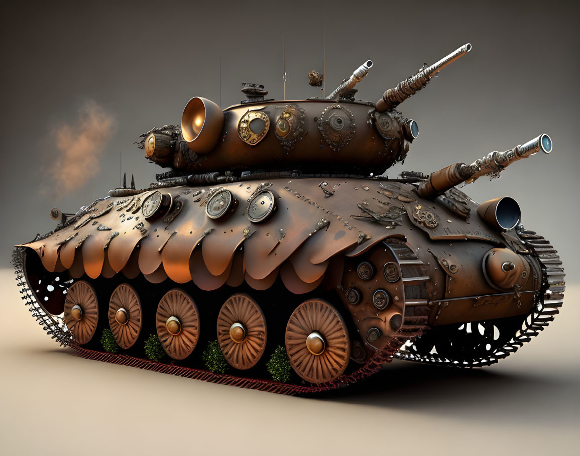 Fantasy multi-cannon tank with rusted metal body and moss-covered wheels