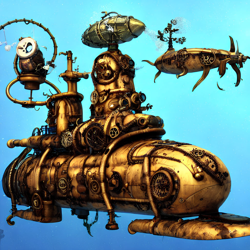 Steampunk submarine with brass detailing and mechanical fish in blue backdrop