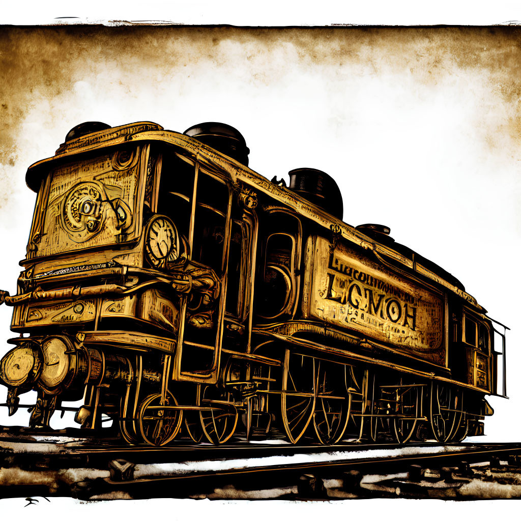 Vintage train illustration with ornate details and "LUCIOMOTIVE" text in sepia