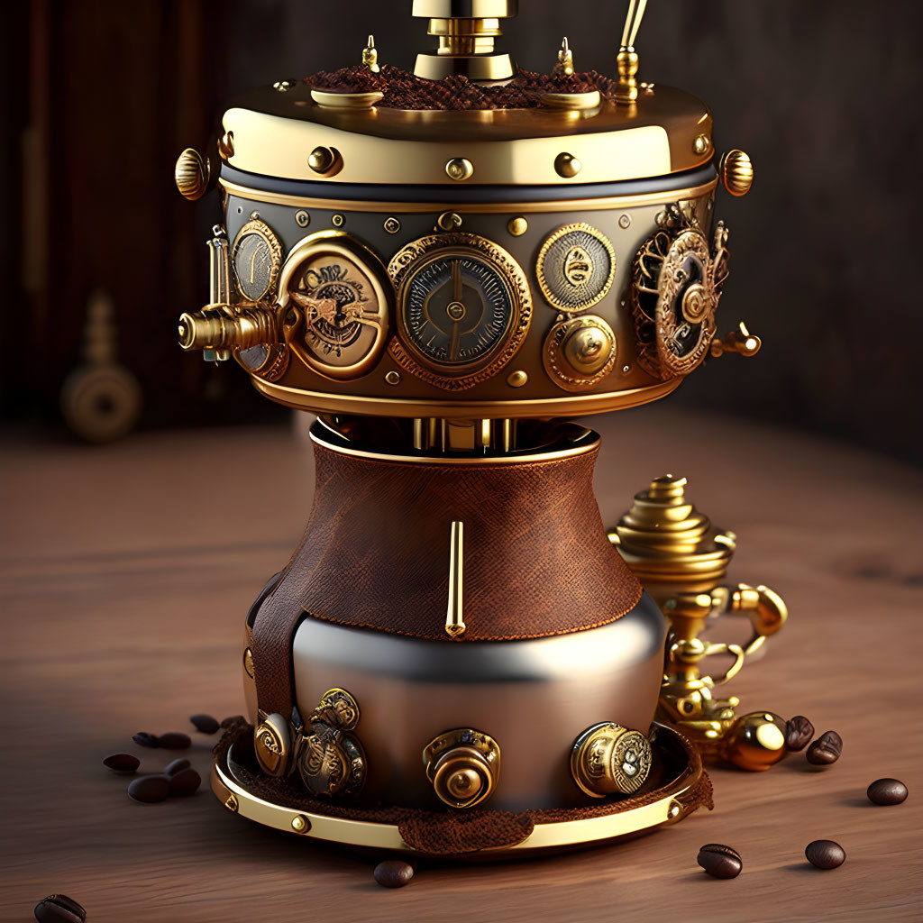 Steampunk-style coffee grinder with brass gears, dials, and pipes on wood surface.