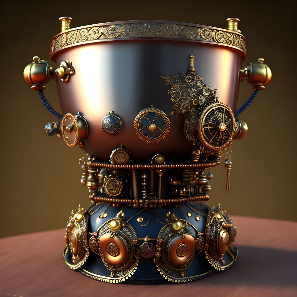 Steampunk-inspired trophy with gears and metallic details on warm background