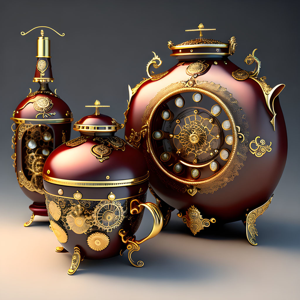 Three ornate steampunk-style vessels with intricate gold details.