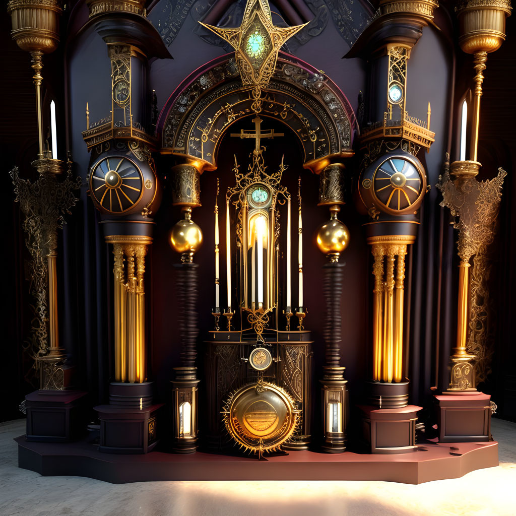 Steampunk altar with clockwork, candles, brass accents, and illuminated mechanical structure