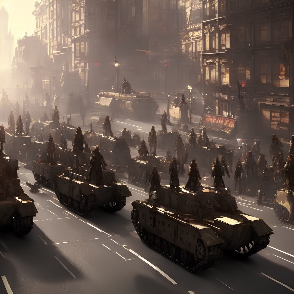 Military tanks in urban street at sunrise or sunset.