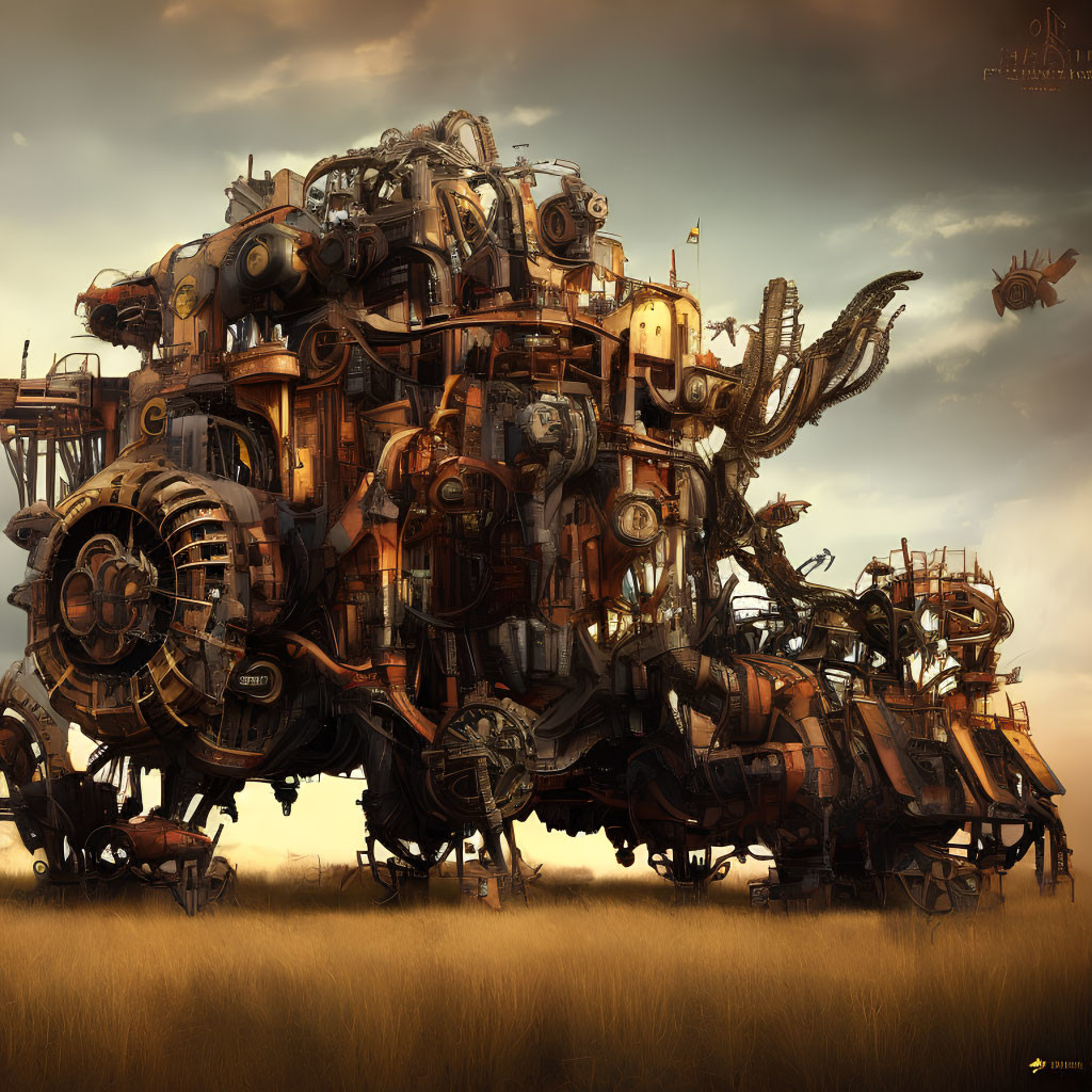 Steampunk-style colossal machine with gears and pipes in a mechanized city setting.