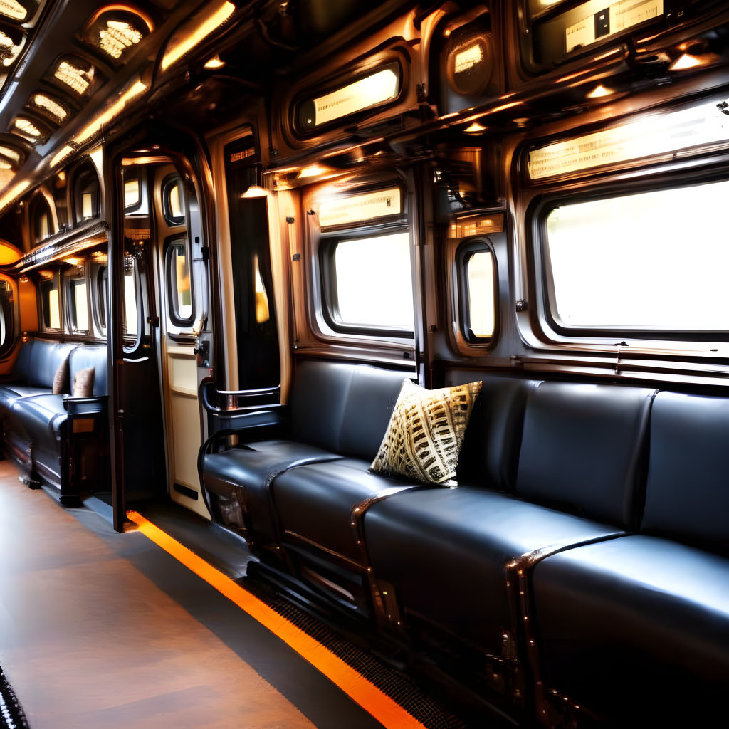 Luxury Train Compartment with Plush Black Seats and Decorative Pillows