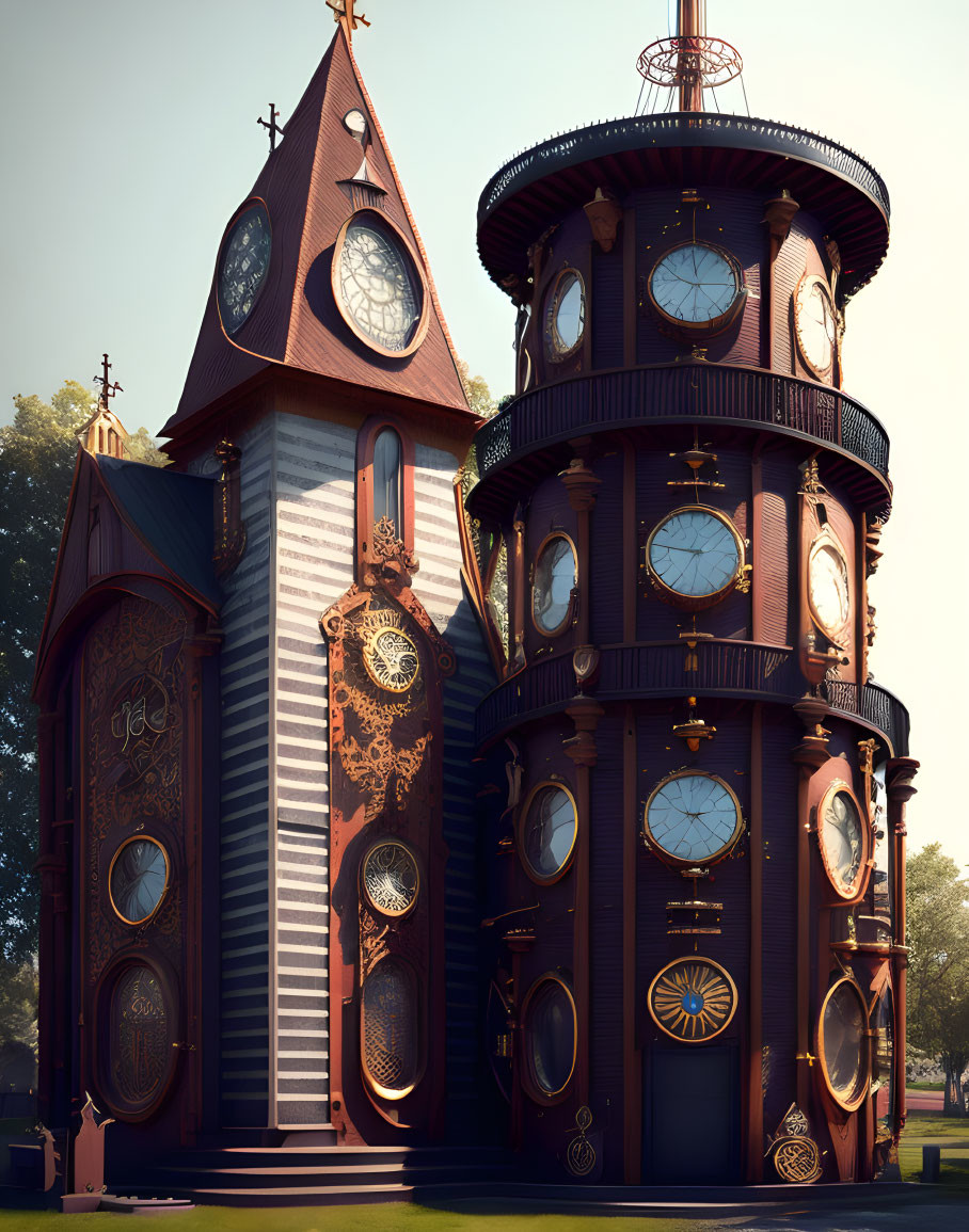 Steampunk-themed building with ornate clocks and gears in a park landscape