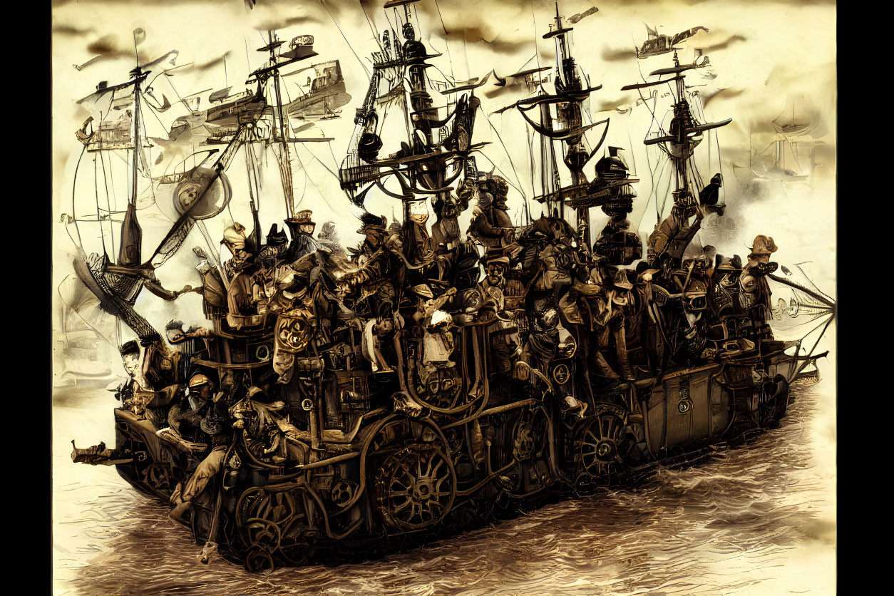 Detailed Sepia-Toned Pirate Ship Illustration