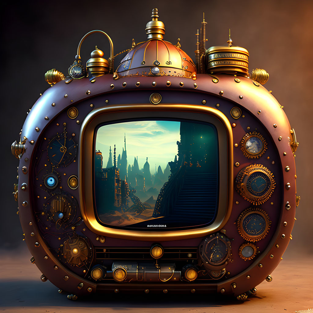 Steampunk Design Vintage-Style Television with Futuristic Cityscape