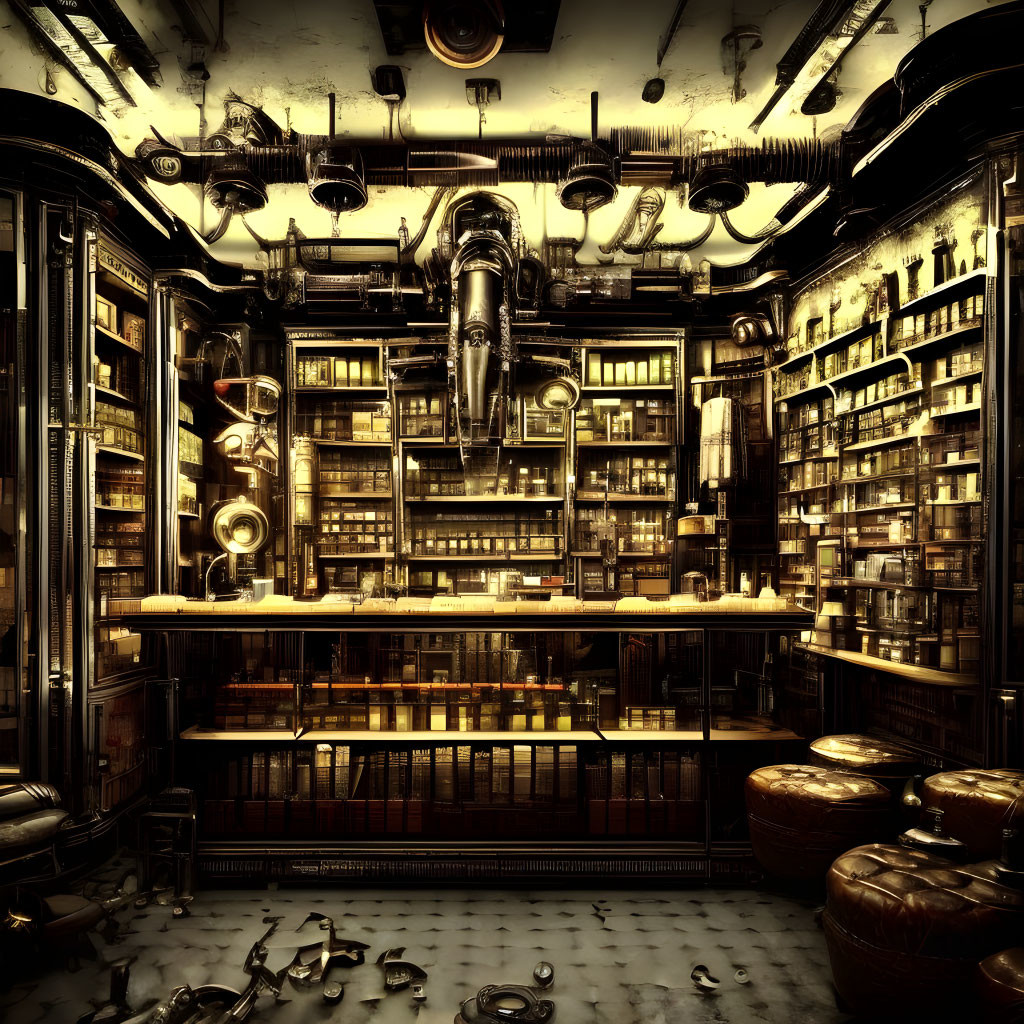 Dimly Lit Steampunk Library with Vintage Furniture