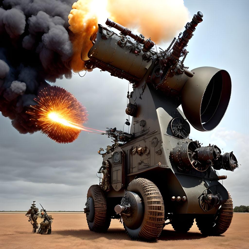 Oversized steampunk artillery cannon firing in barren landscape