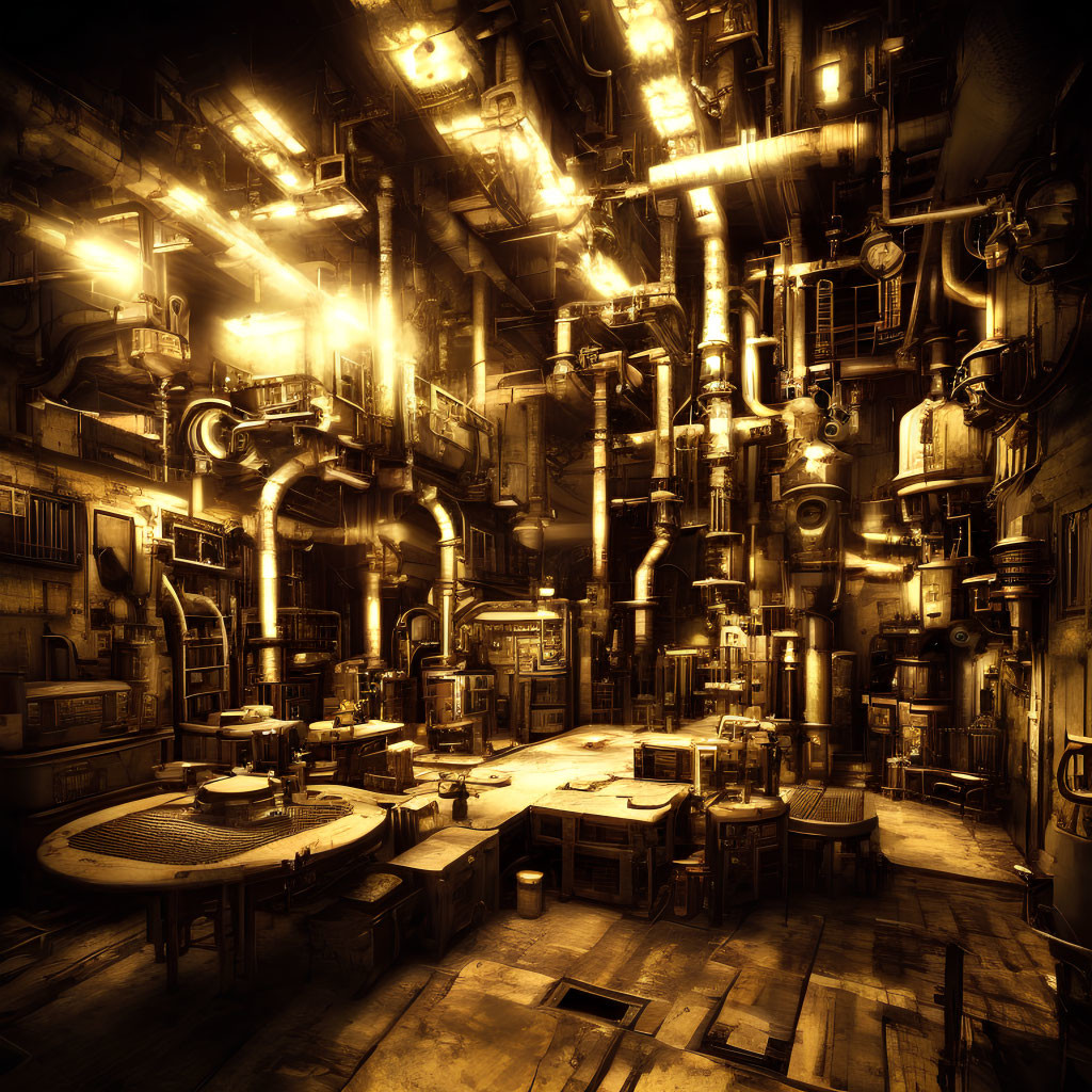 Industrial interior with intricate pipework, machinery, glowing lights, and control consoles