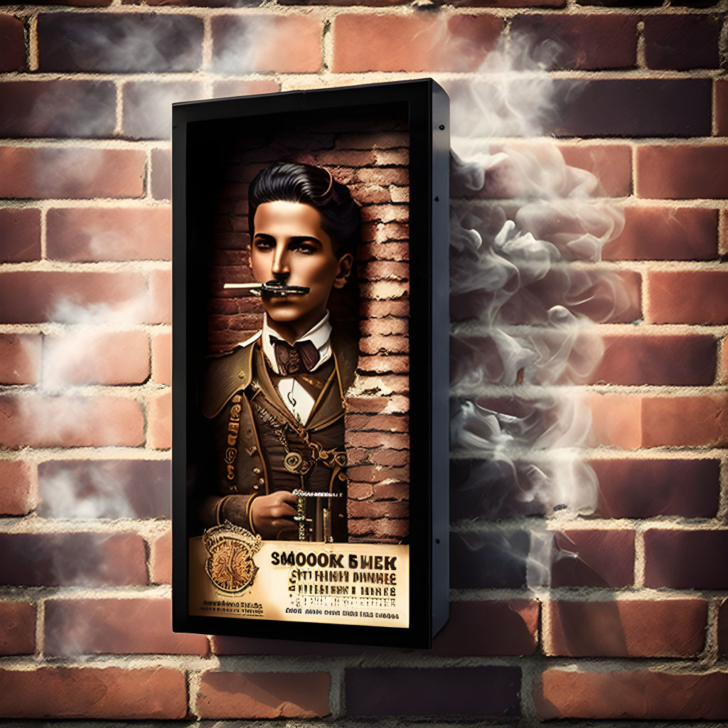 Illustrated advertisement on brick wall: Dapper man with mustache holding cigar in smoke.