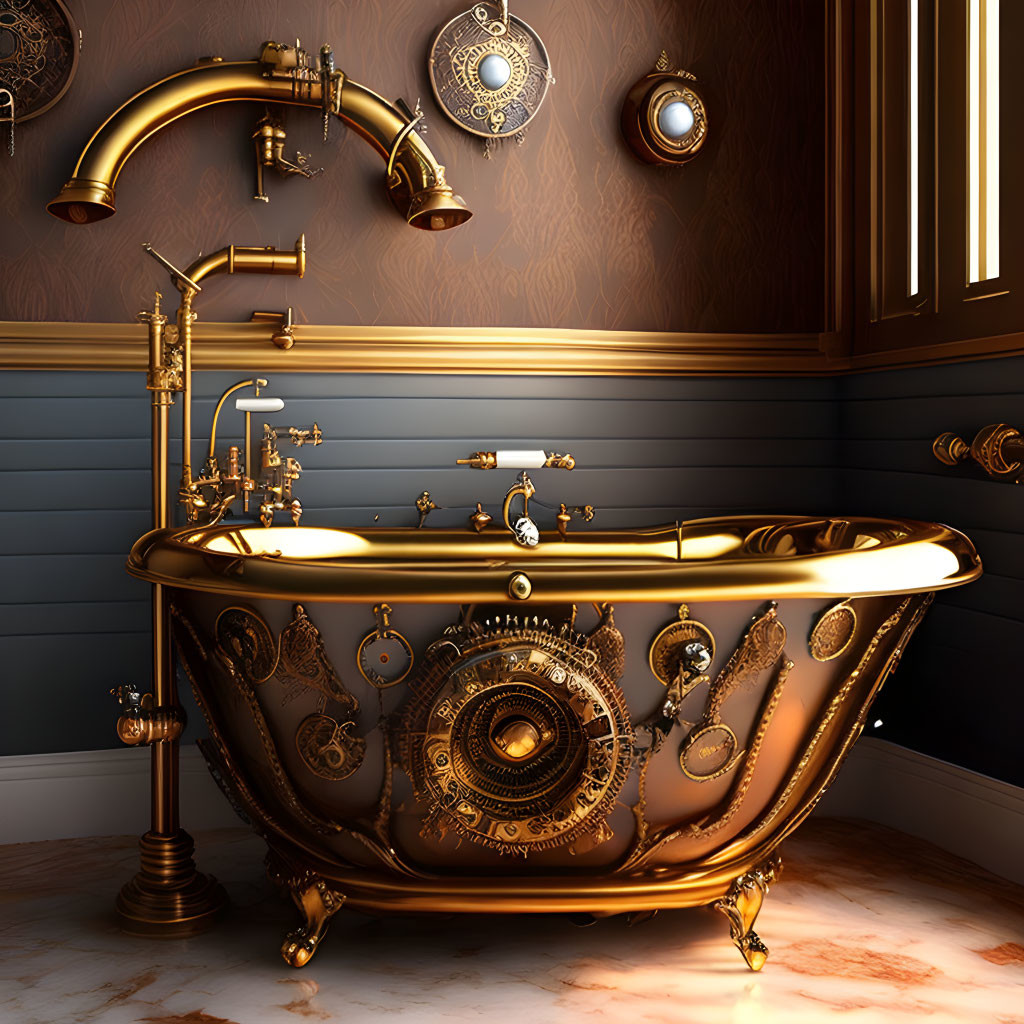 Luxurious Steampunk-Inspired Golden Bathtub in Dark Bathroom