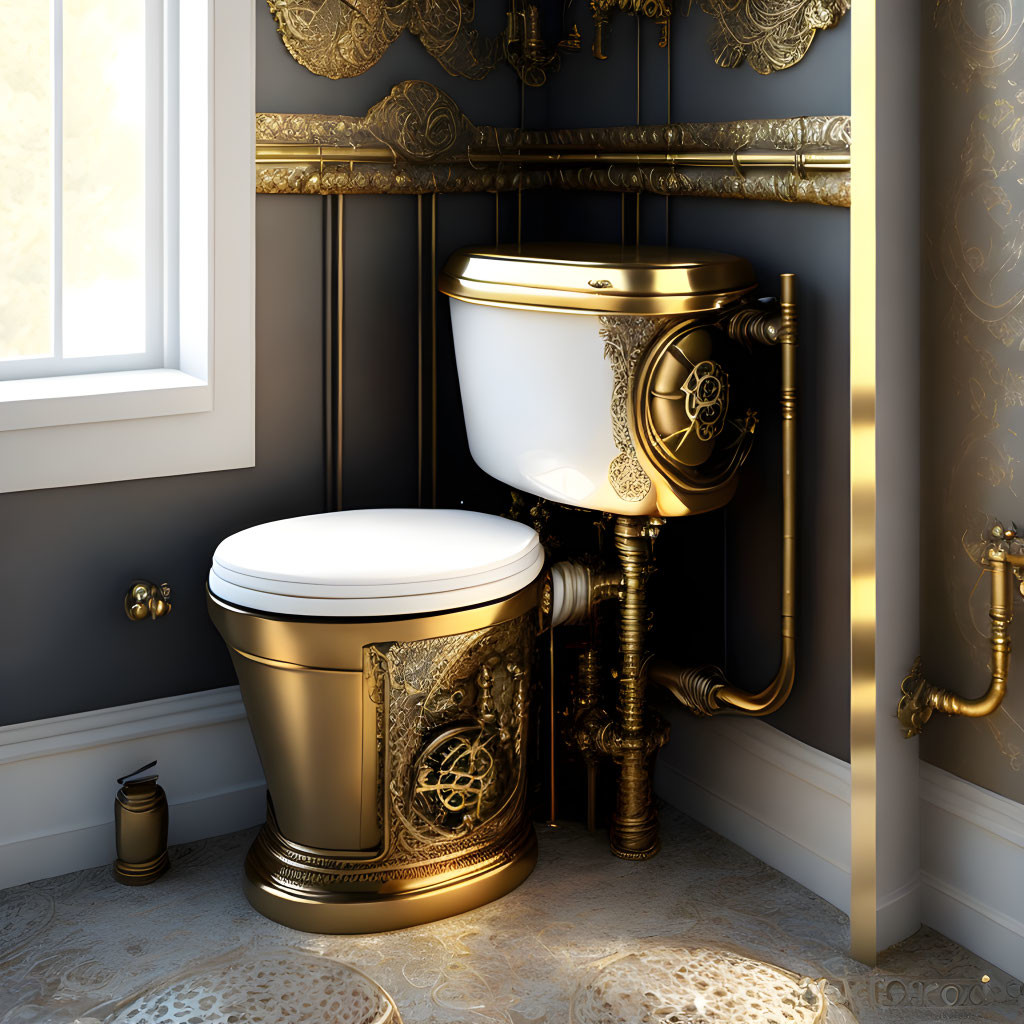 Opulent golden toilet in luxurious bathroom with dark wall and gold accents