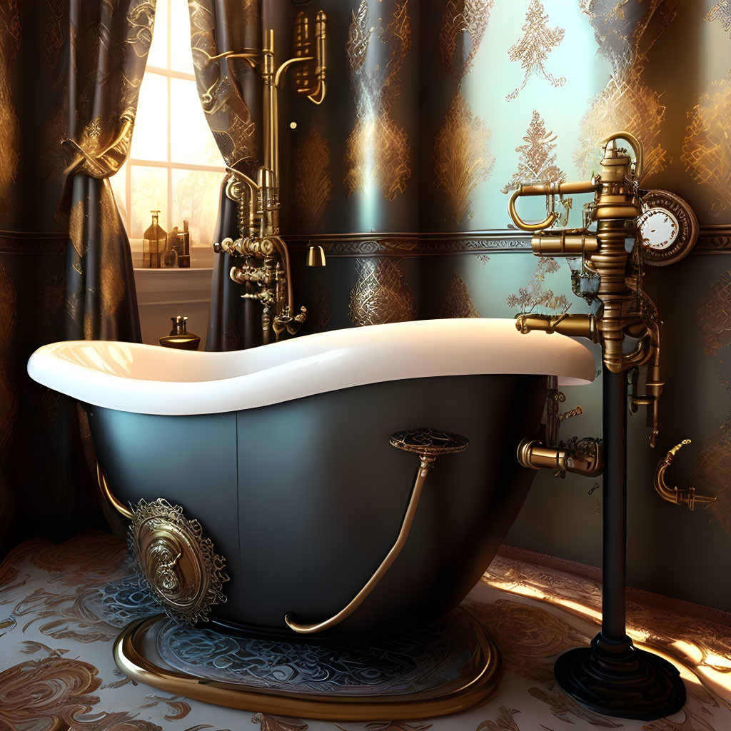 Vintage bathroom with clawfoot bathtub, gold accents, and brass shower fixture in warm sunlight