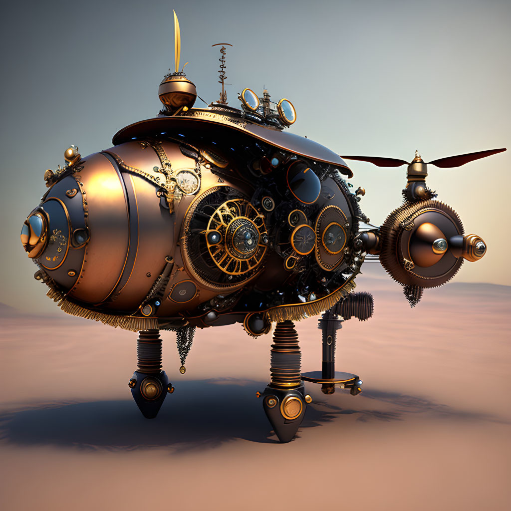 Steampunk-style submarine with gears and propellers in desert setting