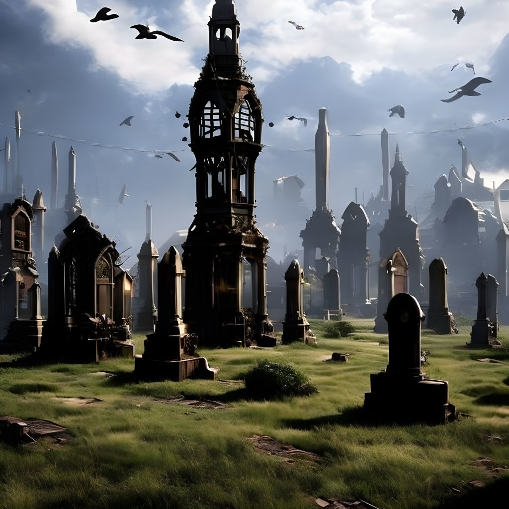 Ornate gravestones in Gothic cemetery with decaying tower