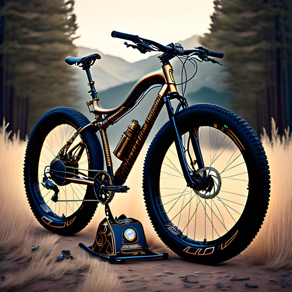 Mountain bike with thick tires in field at dusk with pine trees and mountains.