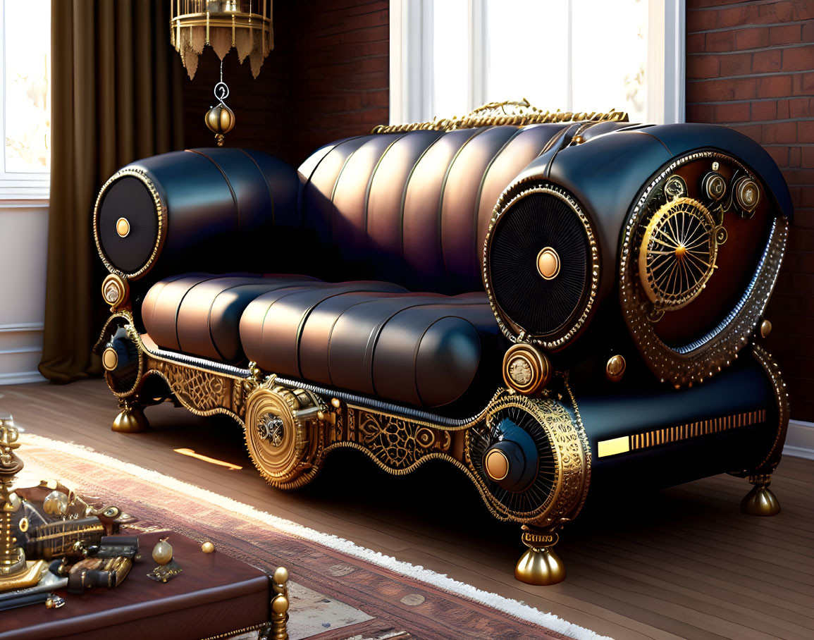 Steampunk-Inspired Sofa with Metallic Accents in Room with Red Brick Walls