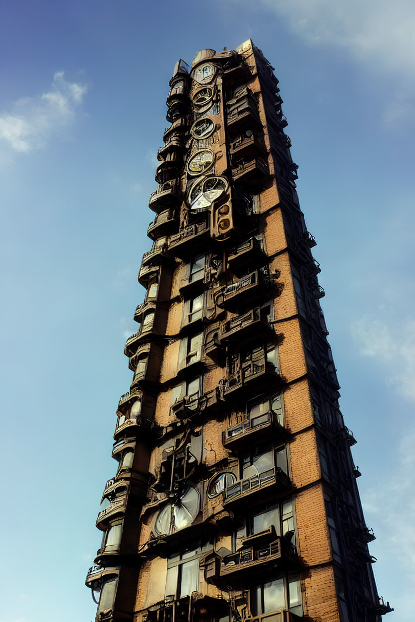 Tall, Narrow Building with Rounded Extensions Against Blue Sky