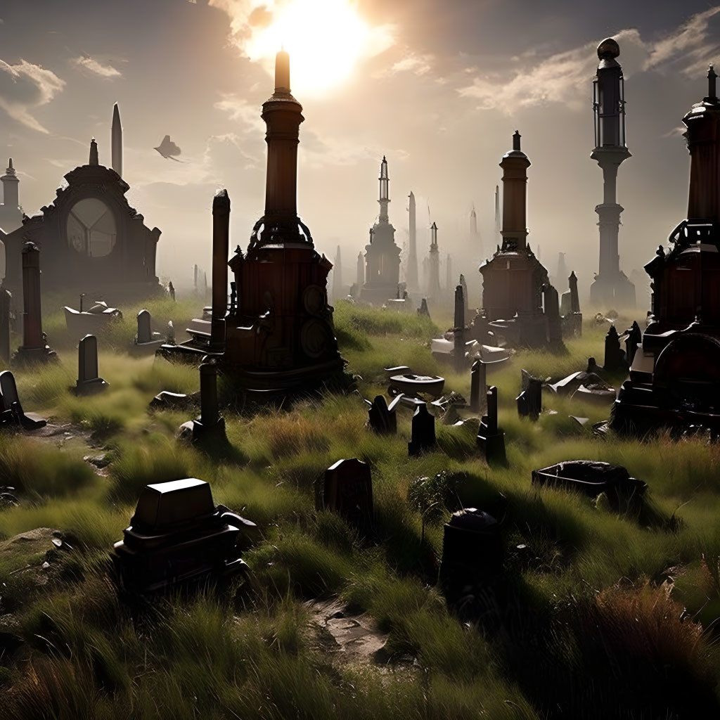 Sunlit graveyard with towering monuments and overgrown grass