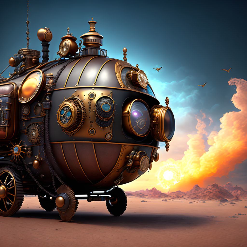 Steampunk-Inspired Submarine with Gears and Birds in Desert Sunset