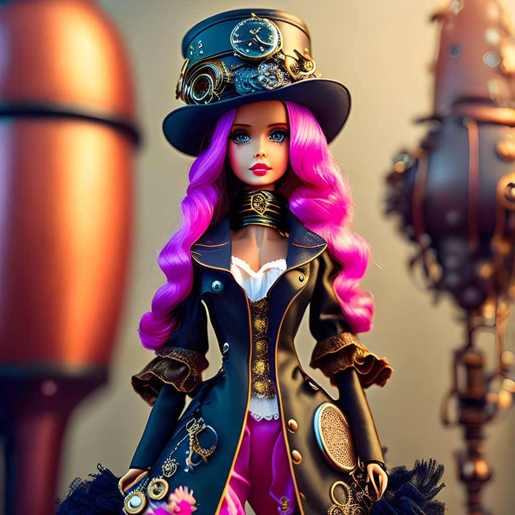 Colorful digital artwork: Female figurine with pink hair in steampunk outfit surrounded by warm mechanical