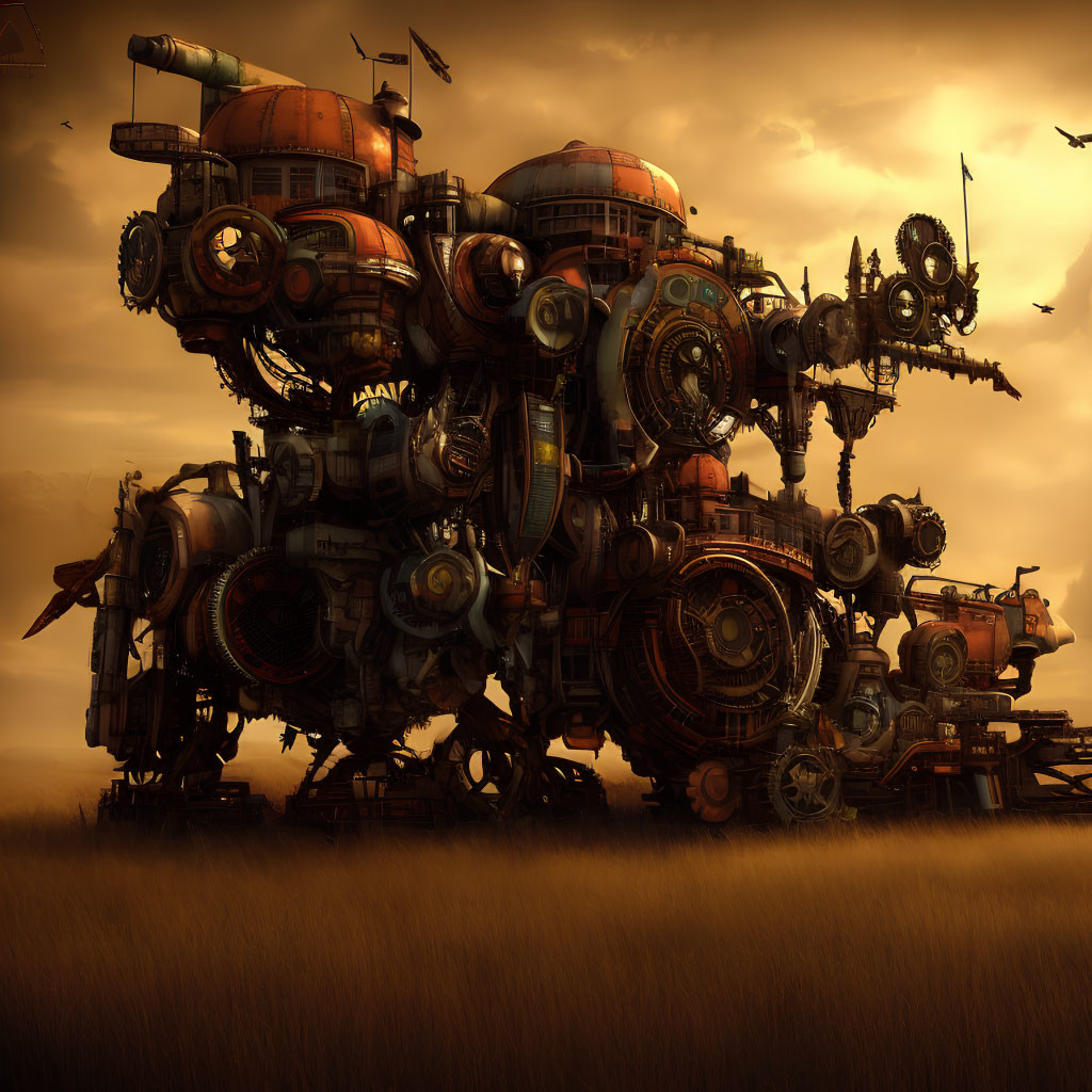 Giant mechanical structure with gears and pipes in golden field