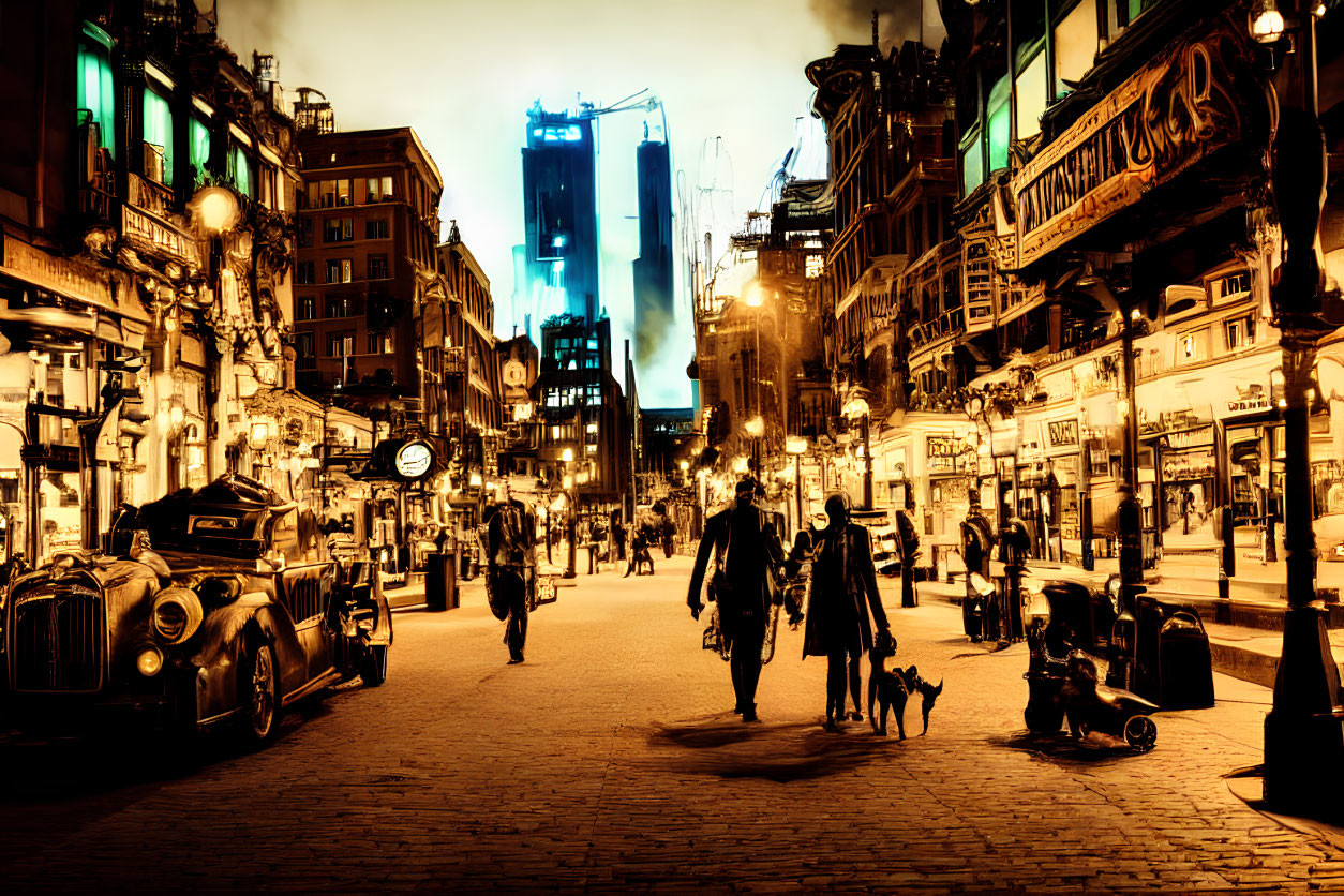 Vintage cars and pedestrians on old city street at night with illuminated storefronts in sepia tone