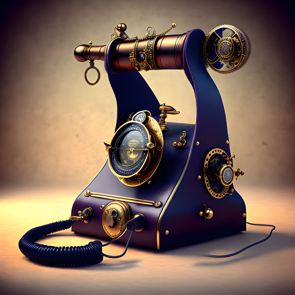 Steampunk-inspired telephone with brass details and cogs on vintage-style design