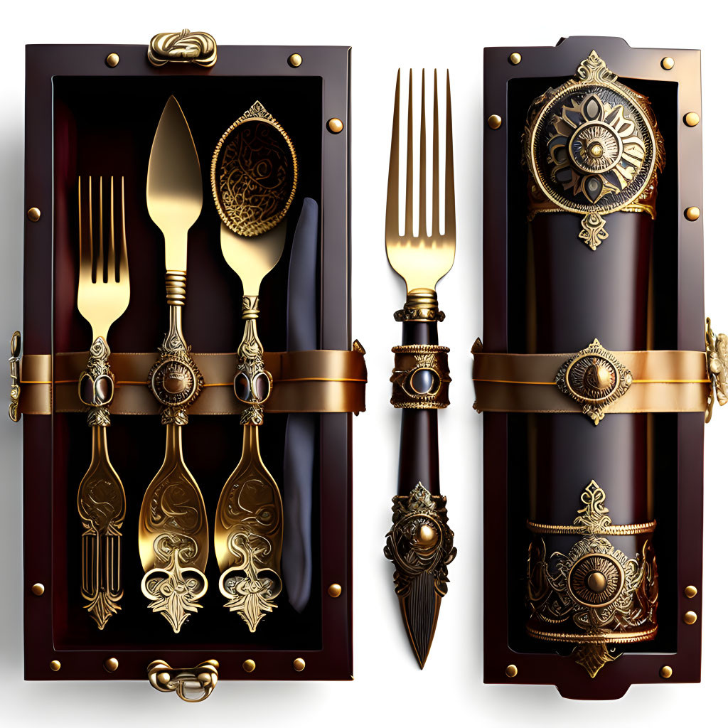 Medieval-inspired luxury cutlery set with ornate designs in decorative case