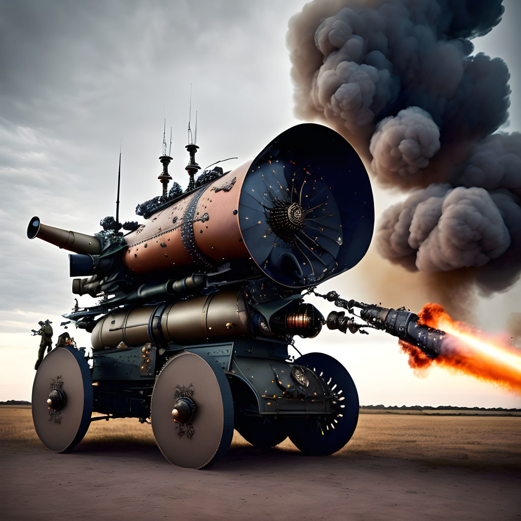 Steampunk-style artillery cannon firing against dramatic sky